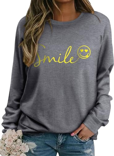 Dresswel Damen Sweatshirt Smile Brief Drucken Pullover Lustiges Lächelndes Rundhals Langarmshirt Baumwolle Pulli Herbst Winter Casual Oberteile Langarm Tops(Grau, M)