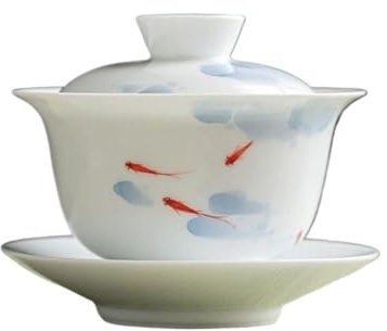 Kungfu-Teeschale, 165 ml, handbemalt, Fisch-Spielkunst, Keramik-Teeterrine, weißes Porzellan, Teezubereiter-Schale mit Deckel, Teegeschirr, Zeremonienschale, Tee (Farbe: wie abgebildet) (wie abgebilde