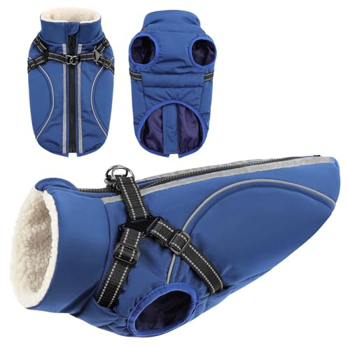 CITÉTOILE Wasserdichter Winter Hundemantel mit Geschirr Fleece Blau L | Warme Hundejacke mit Reißverschluss, Wintermantel mit Reflektorstreifen für kleine Mittel Große Hunde, mit Bauchschutz