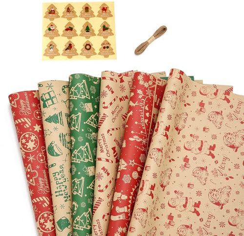 12 Blatt Geschenkpapier Weihnachten, 50cm x 70cm Weihnachtsgeschenkpapier 6 Muster Weihnachtspapier, Christmas Wrapping Paper,Designpapier Weihnachten Recycelbares