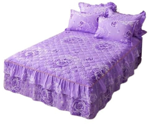 3 Piece Ruffle Skirt Quilted Bedspread Set King 17.7 Inch Drop Soft Warm Ruffle 3 Side Coverage Vintage Flowers Bedskirt Fitted Sheet With 2 Pillow Shams(Purple,King-150x200cm)