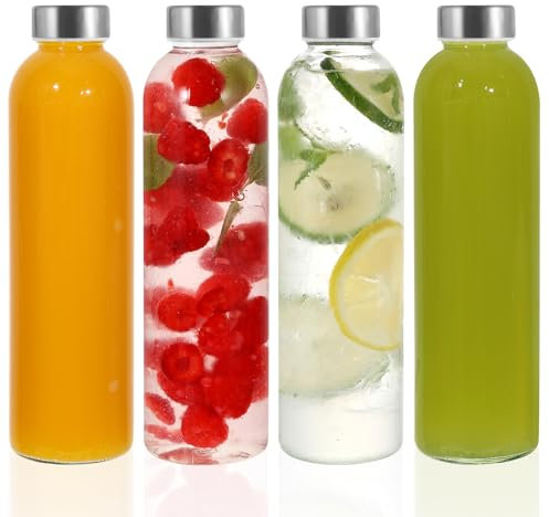 LIMILI Glass Bottles With Stainless Steel Lids, 4 Pack 750ml Water Bottles, Leak Proof Reusable for Hot Cold Drinks, Work, Gym, Home