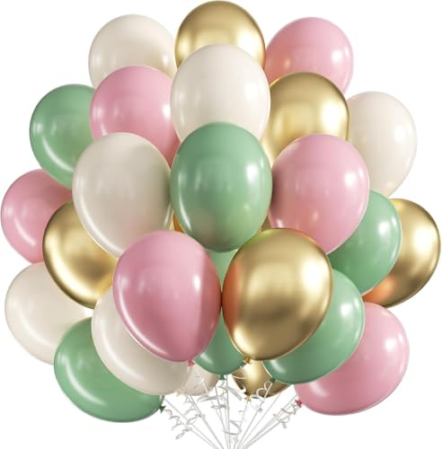 Luftballons Rosa Grün Weiß,60 Stück 12 Zoll Salbei Grün Rosa Luftballons Geburtstag, Latex Metallisch Gold Konfetti Ballons Geburtstag für Geburtstags Hochzeit Verlobung Neujahr Partydeko