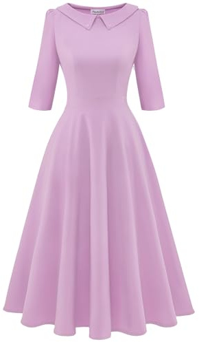 Bbonlinedress Dam vintage cocktailklänning formell höst bröllop gäst kyrka långärmad Peter Pan krage Swing Midi-klänningar, lavendel, XXL