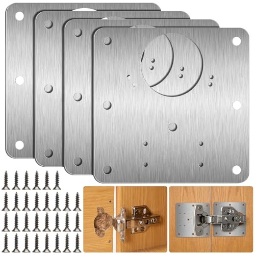 4 Pcs Hinge Repair Plate,Kitchen Cupboard Cabinets Door Hinge Repair Plate | Stainless Steel Hinges Repair Plates Brackets with Holes, Flat Fixing Joining Mending Plates Brackets with 32 Pcs Screws