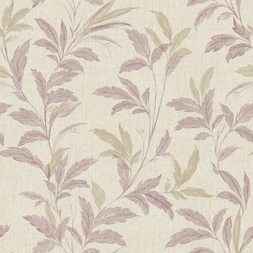 Grandeco Organic Leaf Trail Linen Textured Wallpaper, Purple Heather
