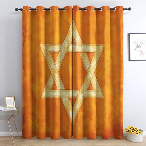 Generisch Vorhänge Davidstern Muster, Gelb Religion Gardinen mit Ösen Wohnzimmer Schlafzimmer Deko, Fenster Blickdicht Verdunklungsvorhänge 2er Set, 200 x 140 cm (H x B) s91