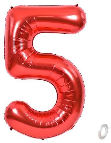 Balorise 40 Pollici Foil Palloncino Rosso Numero 5, Gonfiabili Elio, Grande Numeri 0-9, 10-100 (101cm), Decorazione di Alluminio Palloncini per Festa di Compleanno Anniversario