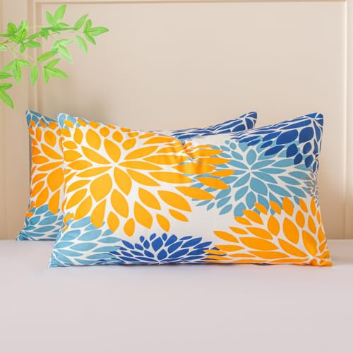 Miuyunya Juego de 2 Fundas de Cojines Sofá Azules Mostaza 50x30 Funda Cojin Decorativas Cuadradas Modernas Flores de Dalia Fundas de Almohada Decoración para Sala de Estar Cama Silla Dormitorio