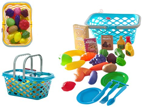 Maxi Cestino Cucina Giocattolo per Bambini Frutta Verdura Piatti Posate Tagliere Giocattolo Giocattolo Educativo Montessori Maxi Cestello da Cucina con Cibo Accessori Cestino Portaoggetti Grande cm27