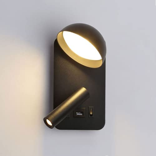 LED Spotlight, LED Adjustable Up Down Wall Sconce with USB Port And 2 Switch, Rectangle Bedside Reading Lamp 3000K 3W Aluminum + 5W Half Globe Lighting Fixture
