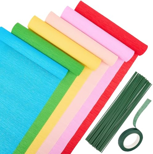 CRASPIRE 58Pcs Crepe Paper Streamers Rolls Colourful Paper Flower DIY Kits 6 Rolls Crepe Paper Sheets 36M Green Tape 50Pcs Floral Iron Wire for Wedding Birthday Holiday Party Decor(9.84inx8.2ft/Roll)
