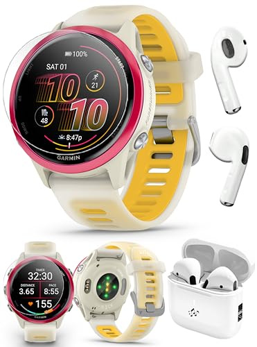 PlayBetter Garmin Forerunner 570 (42mm, Raspberry/Translucent Bone Mango) Advanced GPS Running and Triathlon Smartwatch Bundle HD Screen Protectors & Wireless Earbuds