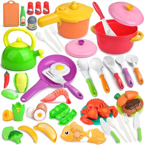 Kinderküche Zubehör,Kinderküche Kochgeschirr Mit Töpfe Pfannenset, Gemüse,Obst Lebensmittel Spielzeug Küchenzubehör Rollenspiel Spielzeug ab 3 4 5 Jahre Mädchen Junge Geschenk (Rosa)