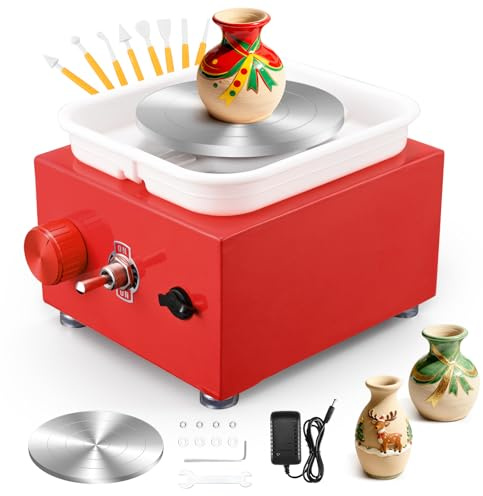 Töpferscheibe,Töpferscheibe Elektrisch mit 6.5/10 cm Großen Platten Formwerkzeugen,Mini Pottery Wheel 2000 U/min Einstellbare Geschwindigkeit Töpferscheibe für Kinder und Erwachsene DIY (Rot)