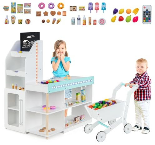 HOMASIS Gioco di Supermercato con Carrello della Spesa per Bambini, Gioco di Simulazione Negozio in Legno con Contenitore, Lavagna, Cassa, Nastro Trasportatore Mobile, Accessori, Luci LED