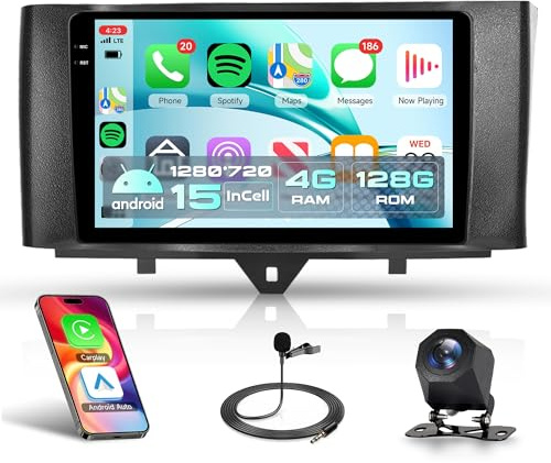 Rimoody 4G+128G Car Stereo for Mercedes Benz Smart Fortwo 2011-2015 Wireless CarPlay Android Auto, Android Car Radio 9'' In-Cell Touch Screen/GPS/Bluetooth 5.0/FM RDS/EQ/Wi-Fi/Mirror Link, Rear Camera