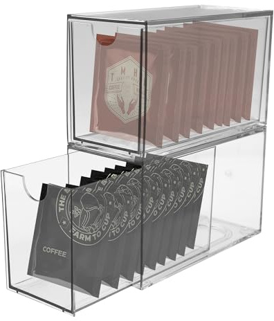 2 Pack Tea Organizers And Storage, Acrylic Tea Bag Holder for Drawer | Clear Stackable Storage Drawers, Multi-Functional Tea Box for Kitchen, Living Room, Office