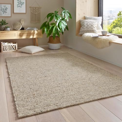 Taracarpet Gewalkter Wollteppich Lambrecht Handgewebt Wohnzimmer – Handwebteppich Schurwolle – Webteppich Wolle Natur für Schlafzimmer, Esszimmer, Küche Grau Beige meliert 090 x 160 cm