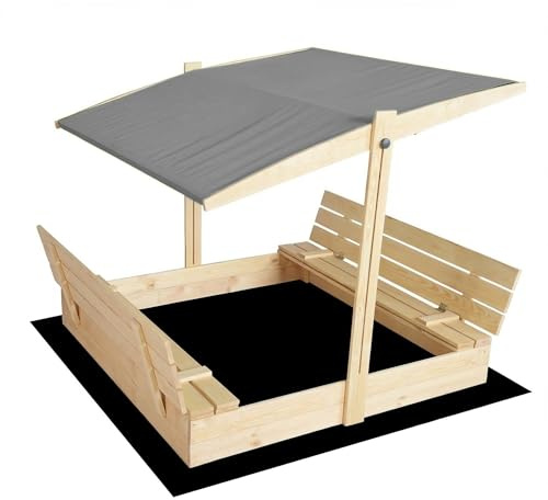 HATIS - Holzsandkasten 140x140cm mit Dach, klappbarem Deckel und Sitzbänken, höhenverstellbares graues Dach, FSC-Zertifiziert, aus Nadelholz, inkl. Geotextil-Unterlage, für Garten und Außenbereich