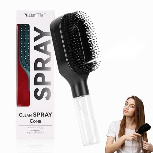 2-in-1 Detangler Hair Brush with Water Spray,50ml Water Reservoir Anti-Frizz Styling Hairbrush Mister,Portable Wet Dry Detangling Brush for Women Men Kids,Fine Mist Spray Bottle for Curly Wavy (Black)