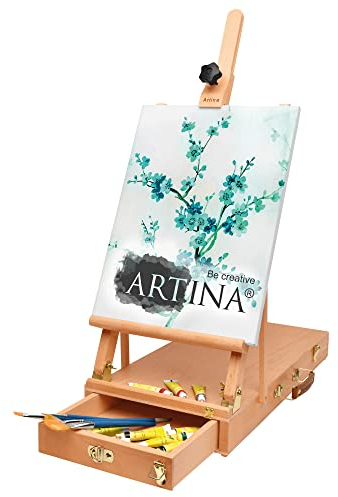 Artina Kofferstaffelei Tischstaffelei für Keilrahmen bis 56 cm Le Mans – Zeichenbrett mit Schublade, Holzstaffelei Buche Malkoffer mit verstellbarem Neigungswinkel, Künstlerkoffer Staffelei Tisch