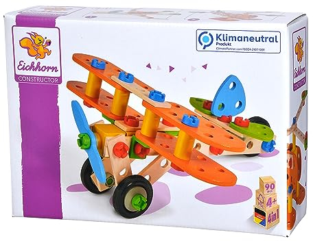 Eichhorn - 100039031 - Constructor Doppeldecker, 85-teilig, Holzspielzeug-Konstruktionsset, 4 Verschiedene Modelvarianten baubar, Holzbaukasten, Motorikspielzeug ab 3 Jahren