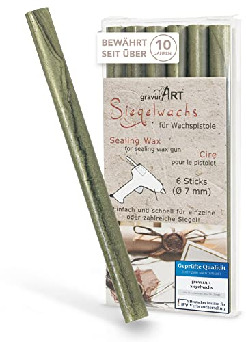 gravurART - 7mm Siegelwachs für Wachspistole - Oliv-Grün Perl. - 6er Pack