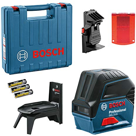 Bosch Professional Kreuzlinienlaser GCL 2-15 (roter Laser, Innenbereich, mit Lotpunkten, Arbeitsbereich: 15 m, 3x AA Batterien, Drehhalterung RM 1, Laserzieltafel, Schutztasche, Handwerkerkoffer)