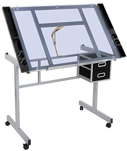 BBBuy Mesa de dibujo ajustable, escritorio de dibujo, estación de manualidades, mesa de vidrio con 2 cajones deslizantes y ruedas para dibujar, dibujar, leer, pintar en casa y oficina