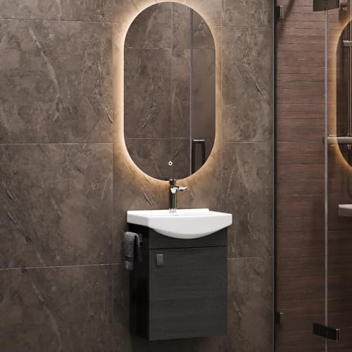 Planetmöbel Badmöbel Set Waschtisch mit Unterschrank | 45 x 60 x 33 cm, Spiegel mit Beleuchtung 50 x 90 cm für Badezimmer, Gäste WC & Bad, Anthrazit