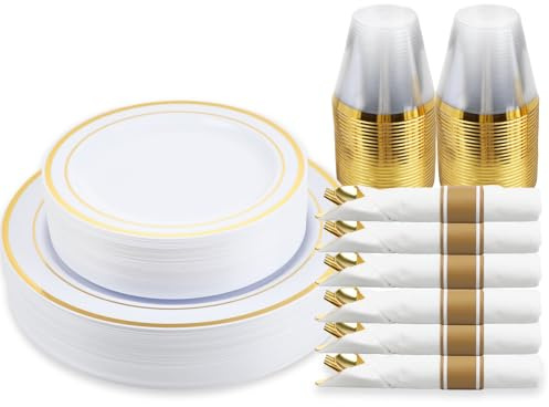 M MCIRCO 175 Piece Gold Dinnerware Set - 50 Plastic Plates, 25 Cups, 25 Pre Rolled Napkins with Plastic Silverware, Disposable Gold Dinnerware Set for 25 Guest