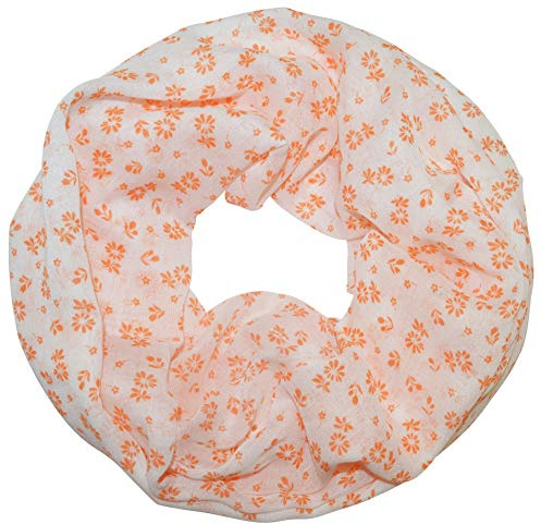 thb Richter Damen Loopschal Rundschal mit Blumen Blümchen Schlauchschal Blüten Kamille Schal Luftig weich Leicht Frühling/Sommer (Weiß mit Orange)