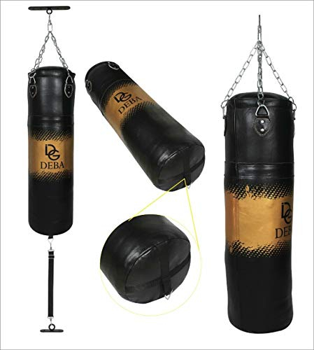 Deba® Boxsack aus Rindsleder 1,3 mm Dickes mit Doppelbefestigungs Zubehör Oben und unten Cowhide Sandsack Punchingsack Boxen MMA Kampfsport mit Stahlkette und Swivel (91x35)