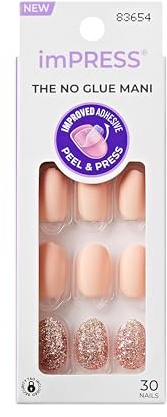 Kiss Impress No Glue Mani Press On Nails, Design, 'Evanesce', Beige, Short Size, Oval Shape, Includes 30 Nails, Prep Pad, Instructions Sheet, 1 Manicure Stick, 1 Mini File