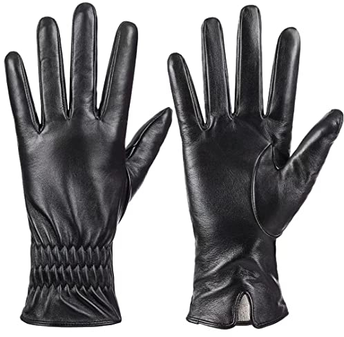 Damen Echtes Schafsleder Handschuhe, Winter Warm Touchscreen Texting Kaschmir gefüttert Fahren Motorrad Kleid Handschuhe （Schwarz, M）