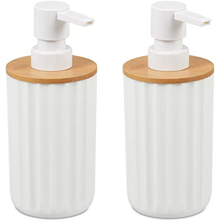 2er Set Relaxdays Seifenspender Rund Modern Nachfüllbar Pumpe Bambus & Kunststoff Badezimmer Behälter Weiß/Natur