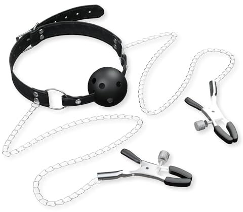 Breathable Gag Ball with Nipple Clips, Adult Sex Toys, Mouth Gag Combined with Metal Nipple Clamps, Restraints