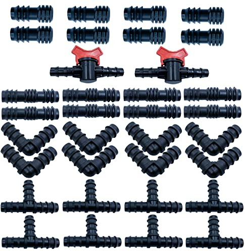 Bewässerung Anschluss Kit für Schläuche 34 Stücke, Gartenschlauch Schlauchverbinder Schlauchkupplung Set, Kappen Stopfen Stecker Widerhaken Verbinder für Tropf Sprinkler Anlagen (1/2 Zoll)
