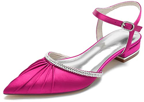 Sandali da sposa in raso con cinturino alla caviglia, ballerine chiuse punta punta da sposa, Fucsia, 42 EU