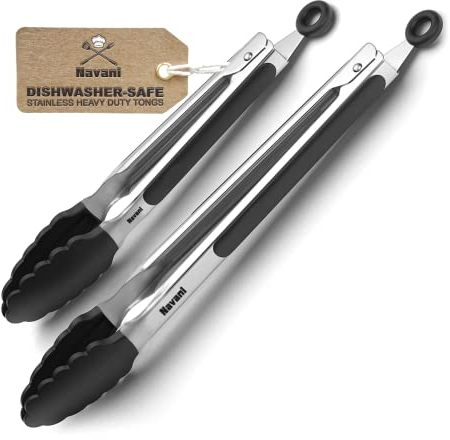 Navani Kitchen Tongs | 9 & 12 Inch Silicone Tip Tongs | Non Stick for Air Fryer & Salad/Pasta, Black 2pcs