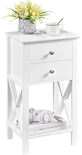 Yaheetech 1pcs Mesita de Noche Altura con Dos Cajones Mesilla de Noche de Madera Mesa Auxiliar Moderno para Dormitorio Habitación 40×30×70cm Blanco