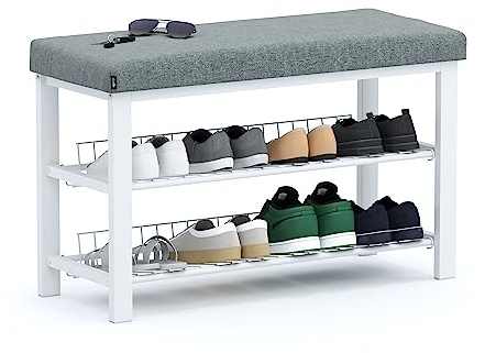 stardis stabiles Schuhregal mit Sitzbank platzsparende Schuhbank 2 Gitterablagen 81x50x32 cm, formschöner Schuhschrank für Flur, Wohn- und Schlafzimmer mit Schutz gegen Bodenkratzer (weiß)
