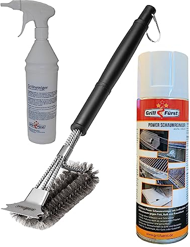 Grillfürst Grillbürste für Edelstahlroste mit Edelstahlborsten und Schaber, Power Schaumreiniger Grillreiniger