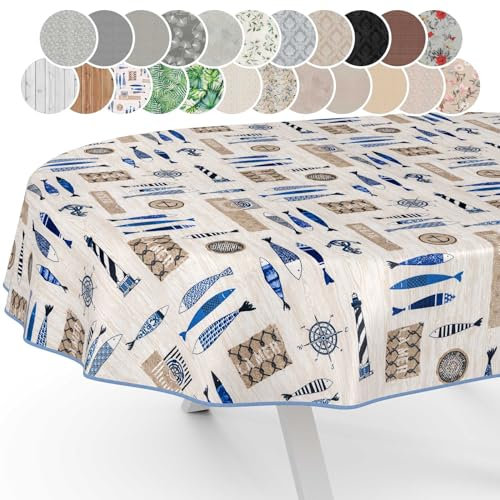 Stoff Tischdecke Tischwäsche Textil Tischtuch Baumwolle Polyester Gewebe abwaschbar pflegeleicht, in rund oval eckig Maritim Oval 260x140cm mit Saum (Eingefasst)