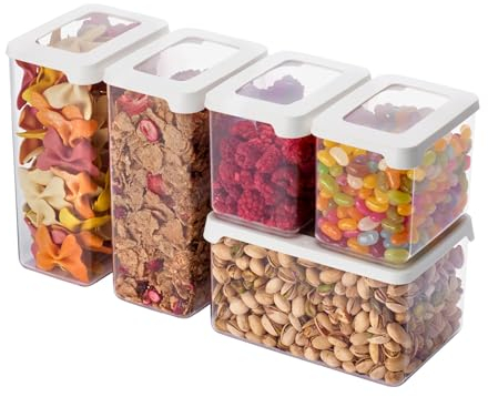 SmartStore Clear Airtight Dry Food Containers with Lids Starter Set of 5 - Plastic Storage Box with Lid, BPA Free, Dishwasher Safe - Kitchen Storage Containers 2x 0.8L, 2x 1.6L, 1x 1.65L