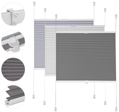Sekey Plissee ohne Bohren Verdunkelung, Fenster Plissee Klemmfix Jalousie 80 cm breit, Verspannt Blickdicht Sonnenschutz Fensterollo, 80x100cm, Dunkelgrau