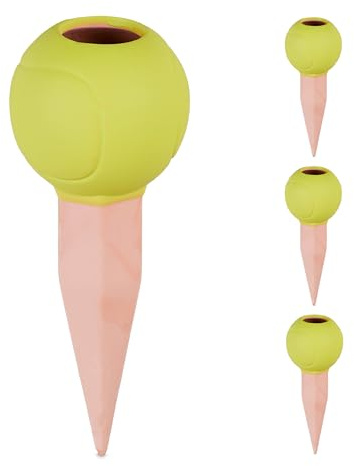 Relaxdays Tonkegel Tennisball, 4er Set, Bewässerungskugeln, für 1,5 L PET-Flaschen, Gießhilfe, Keramik, gelb/terrakotta