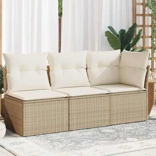 Gecheer Garten Sofa Ecksofa Mittelsofa Gartensofa Rattansofa Gartenlounge Wohnzimmersofa Loungesofa Sitzgruppe Gartenmöbel Sofa mit Kissen 3-Sitzer Beige Poly Rattan-3491