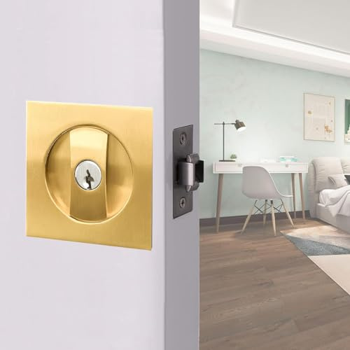 betensh Serratura per Porta Scorrevole Quadrata Maniglie per porte tascabili con serratura chiave Tasca maniglia per porta invisibile 66 mm Oro porta serratura per porta scorrevole Set